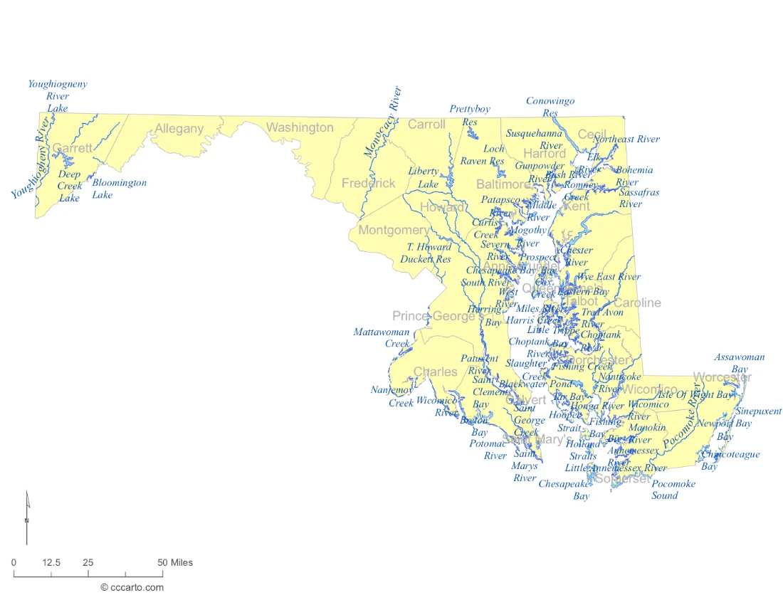 Maryland Lakes and Rivers State Map