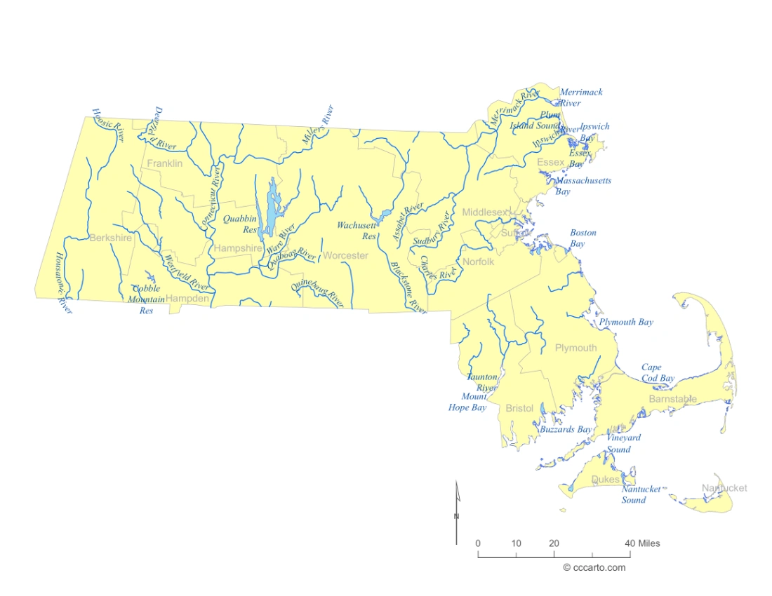 Massachusetts Lakes and Rivers State Map