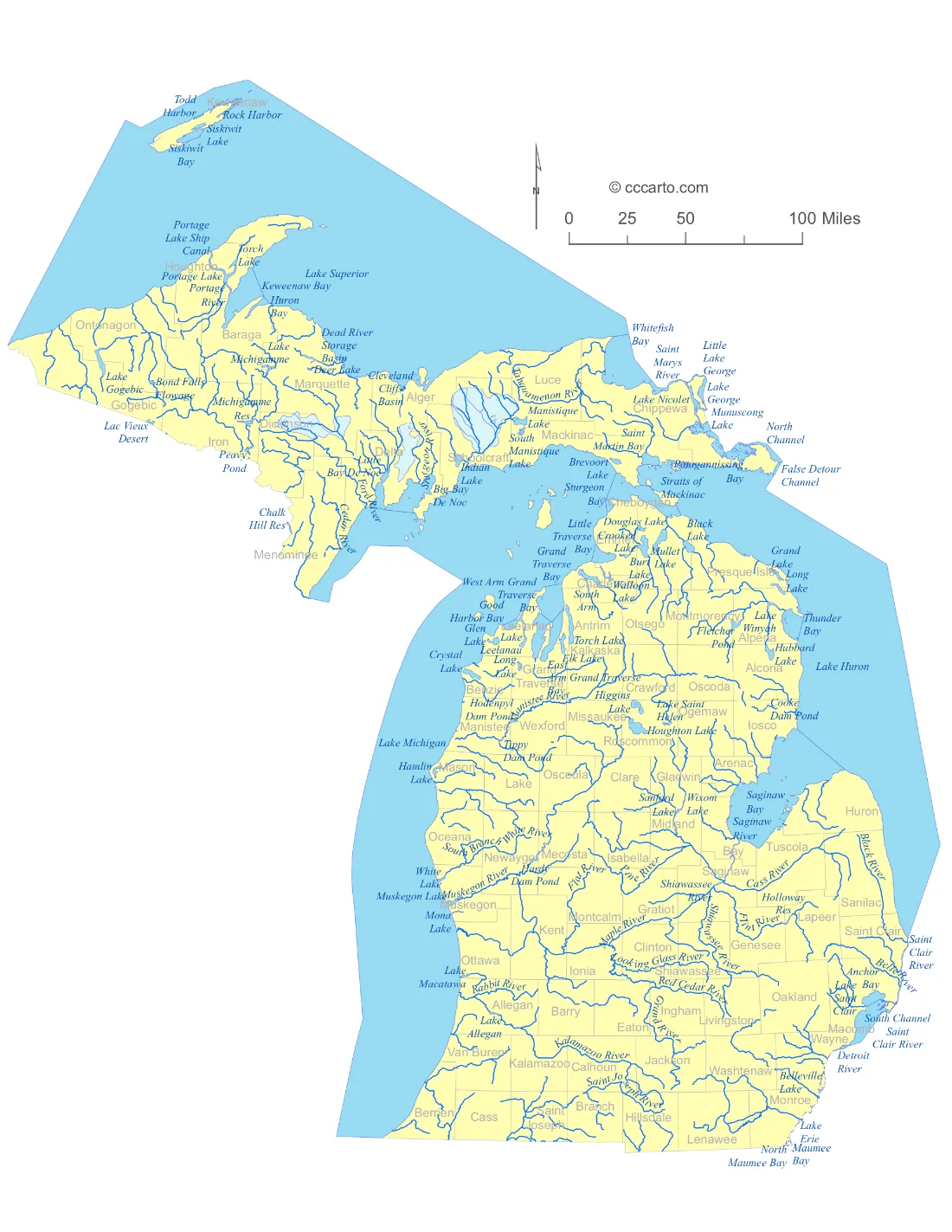 Michigan Lakes and Rivers State Map