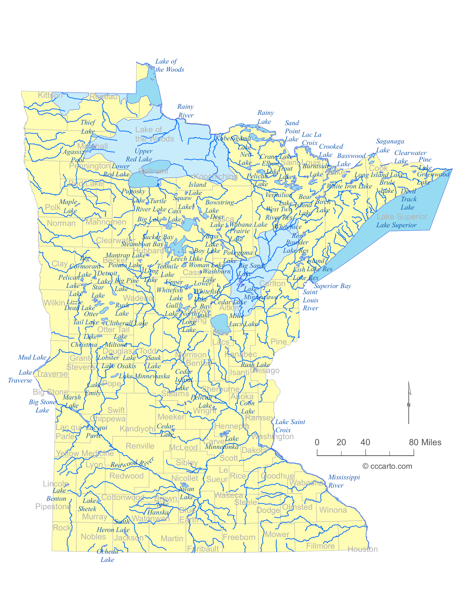 State Of Minnesota Water Feature Map And List Of County Lakes