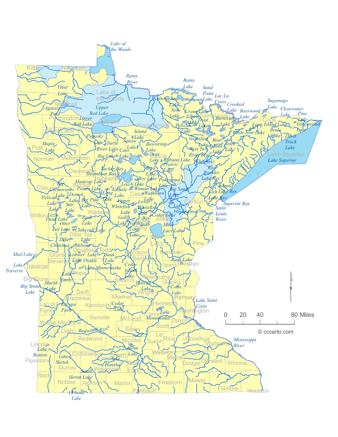 Minnesota Lakes and Rivers State Map