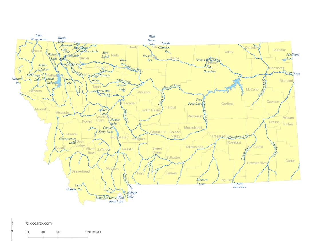 Montana Lakes and Rivers State Map