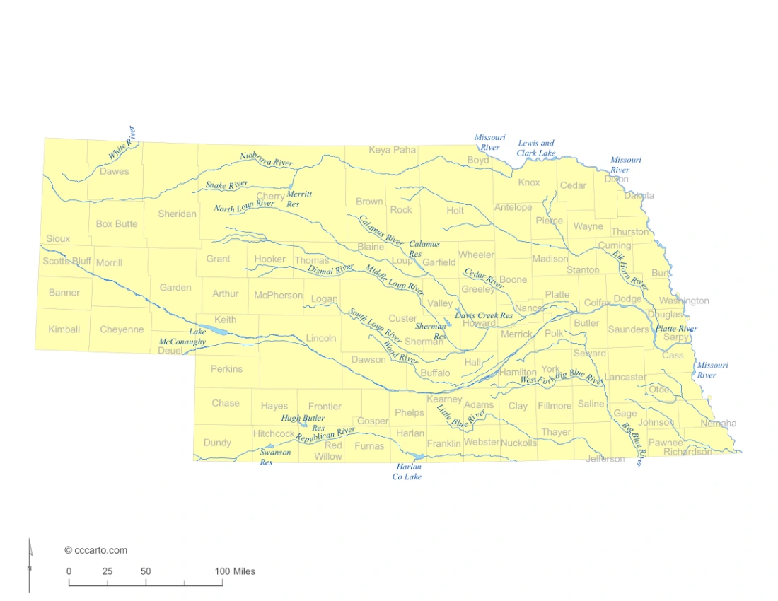 Nebraska Lakes and Rivers State Map