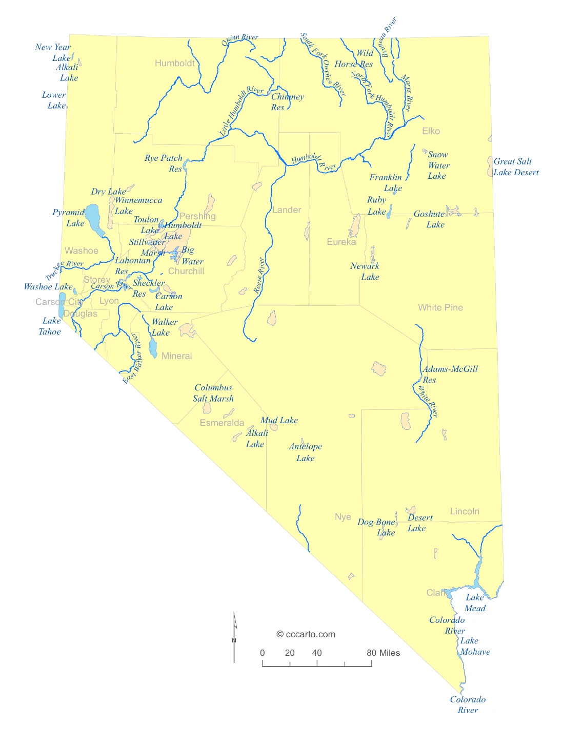 Nevada Lakes and Rivers State Map