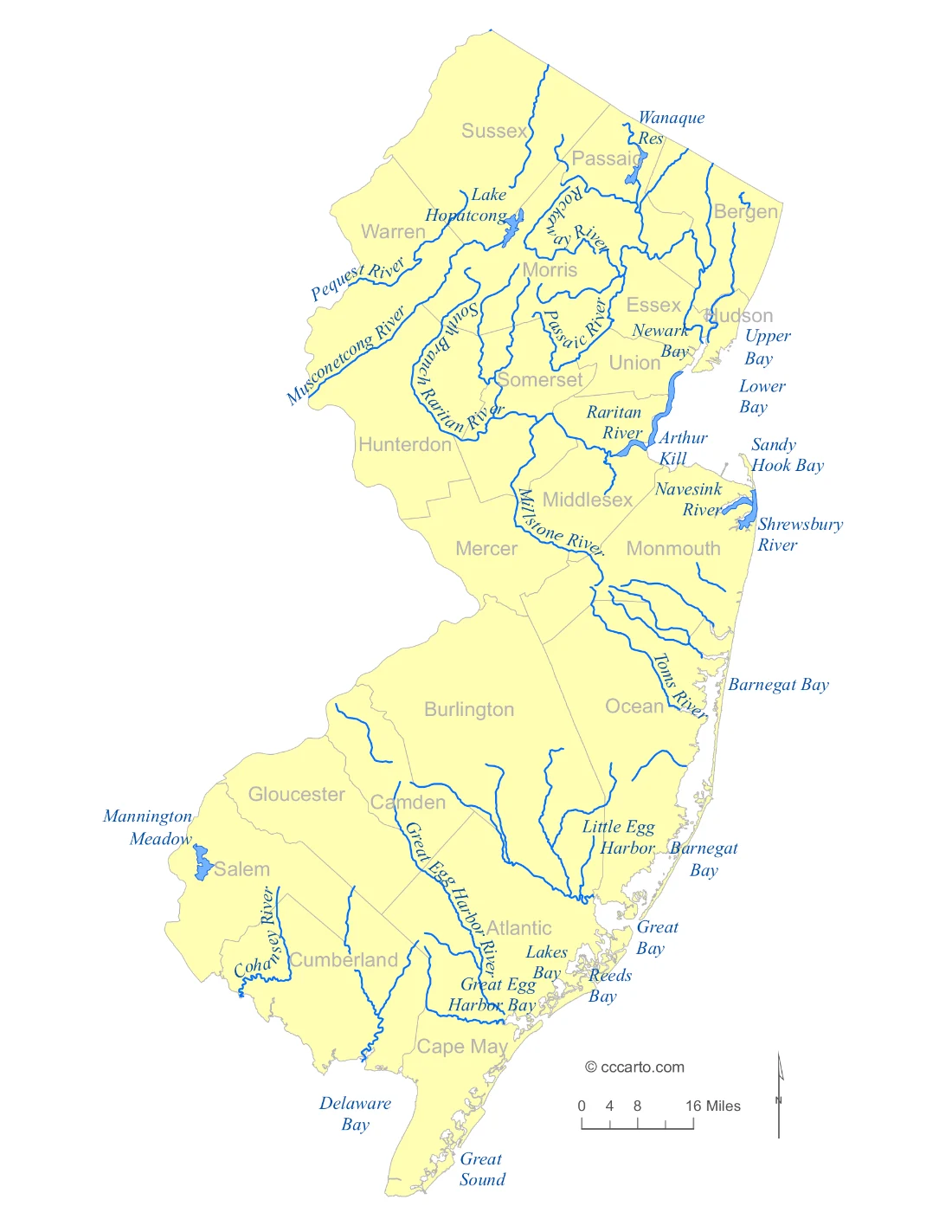 New Jersey Lakes and Rivers State Map