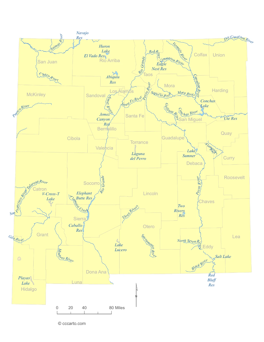 New Mexico Lakes and Rivers State Map