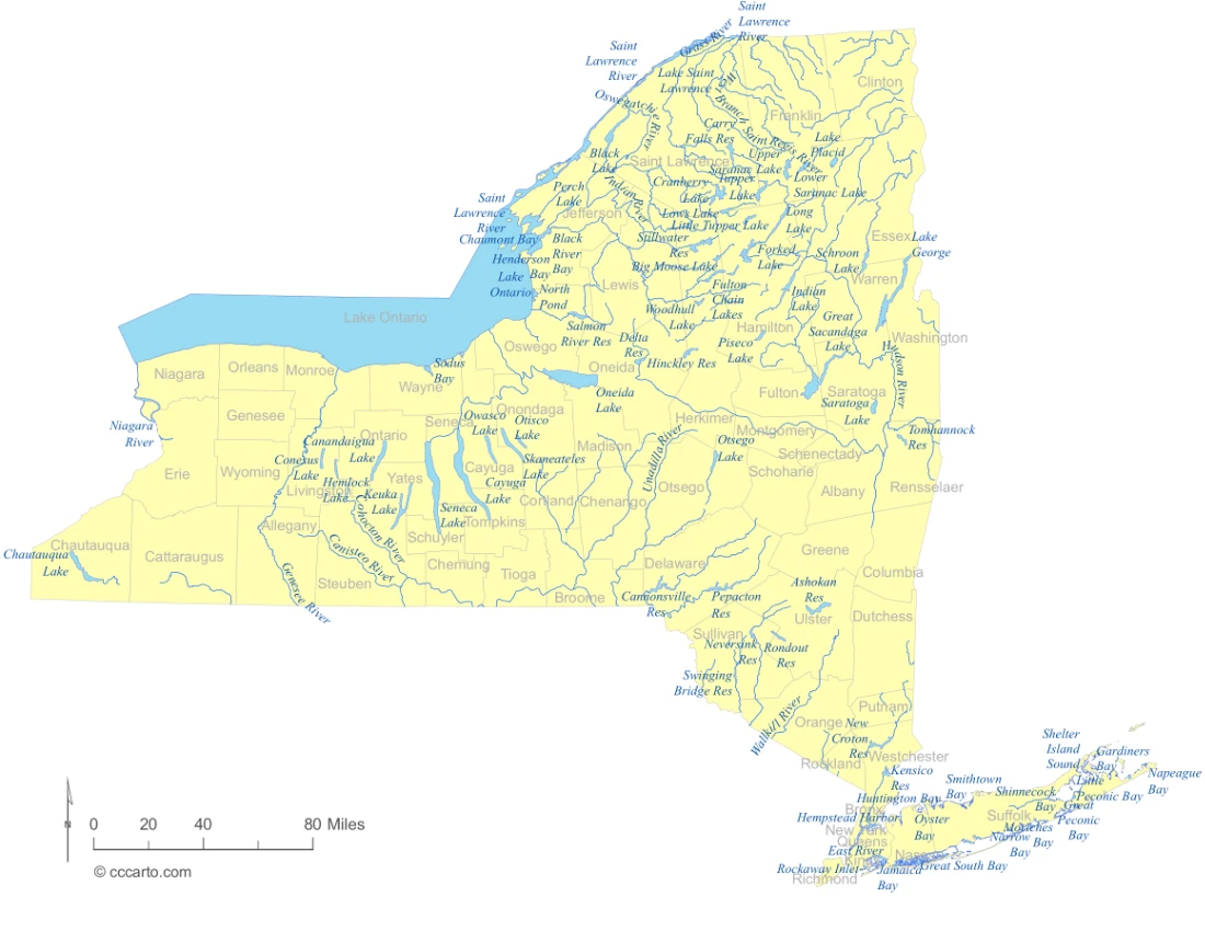 New York Lakes and Rivers State Map