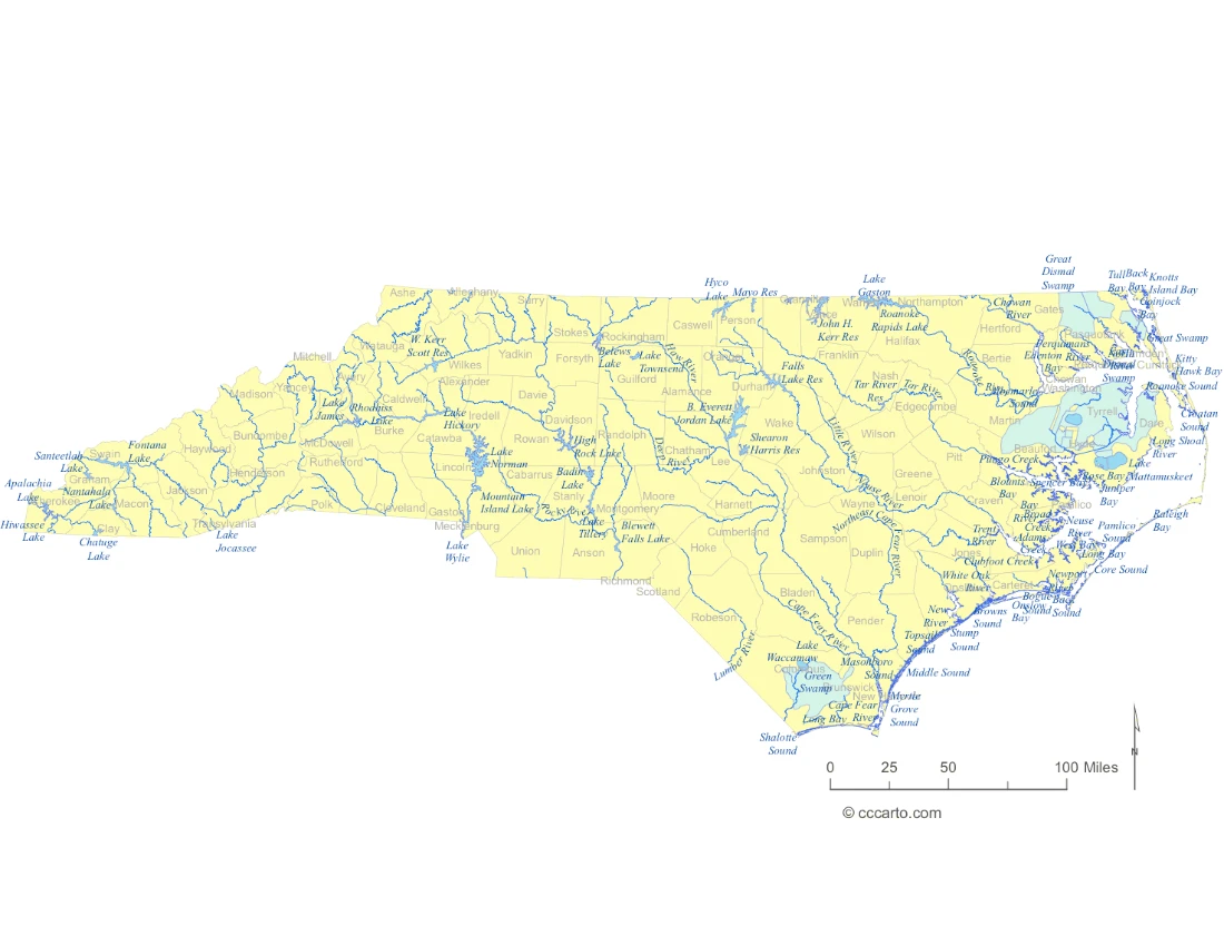 North Carolina Lakes and Rivers State Map