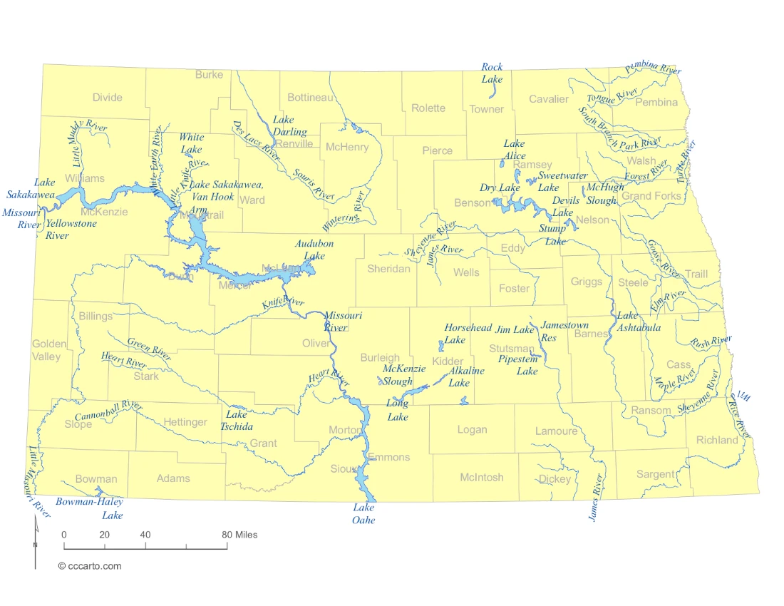 North Dakota Lakes and Rivers State Map
