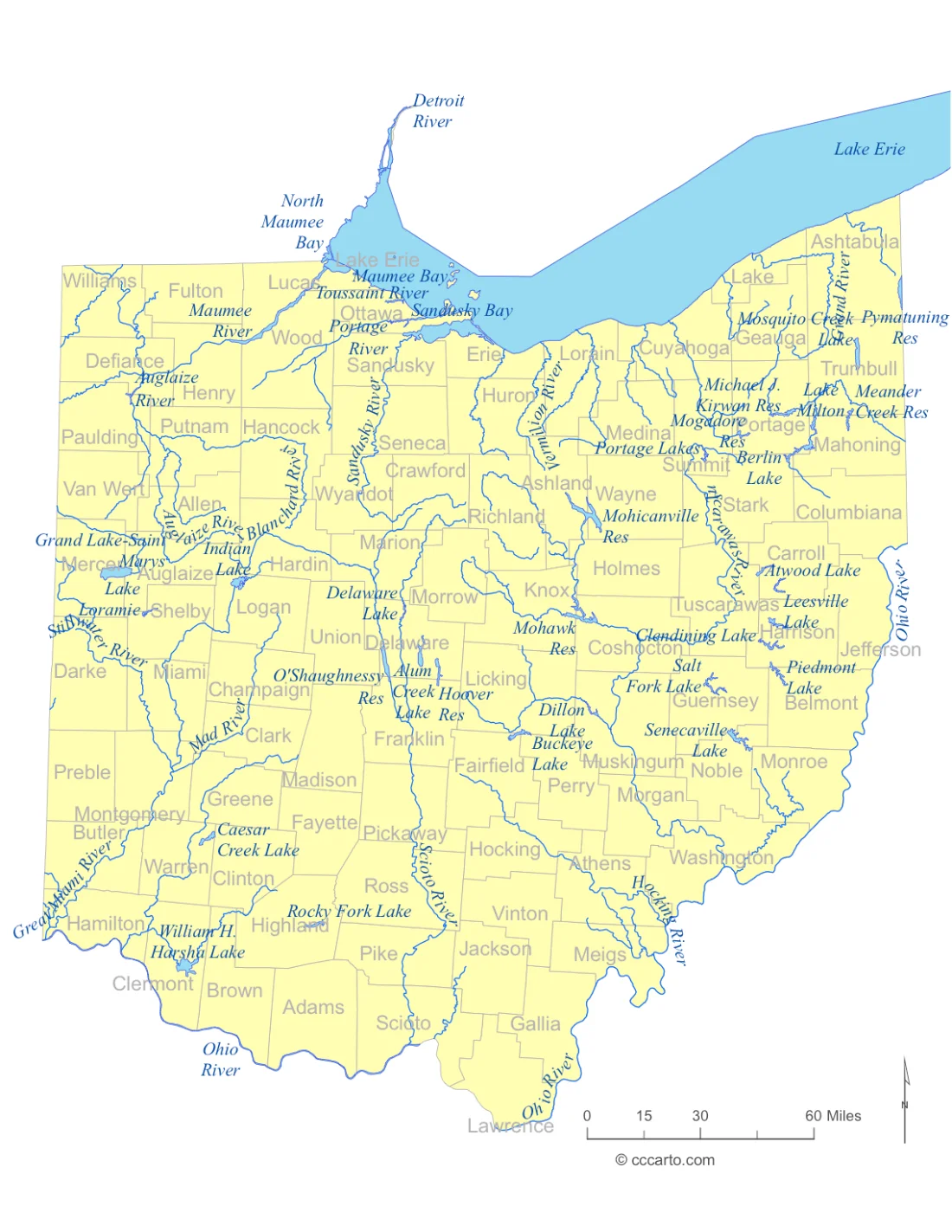 Ohio Lakes and Rivers State Map