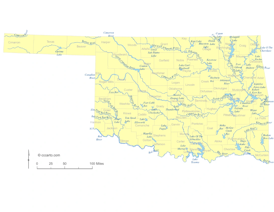 Oklahoma Lakes and Rivers State Map