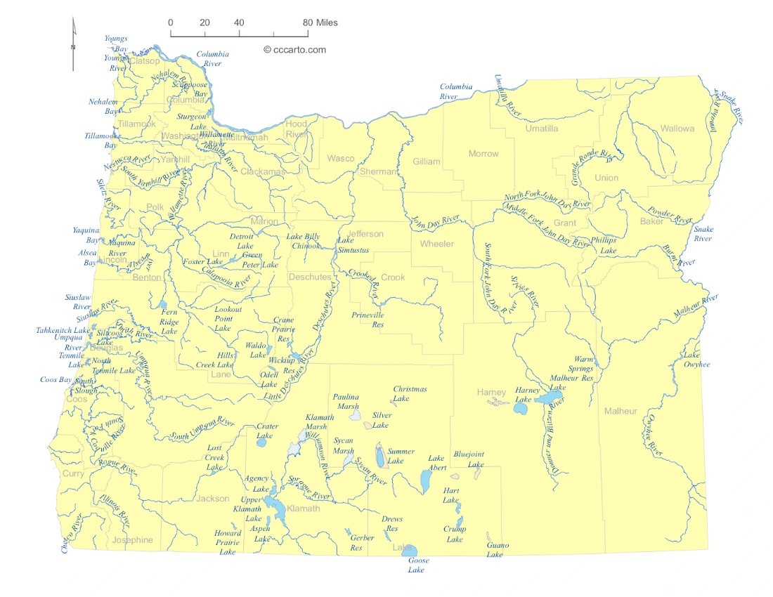 Oregon Lakes and Rivers State Map