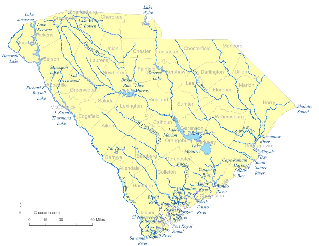 South Carolina Lakes and Rivers State Map