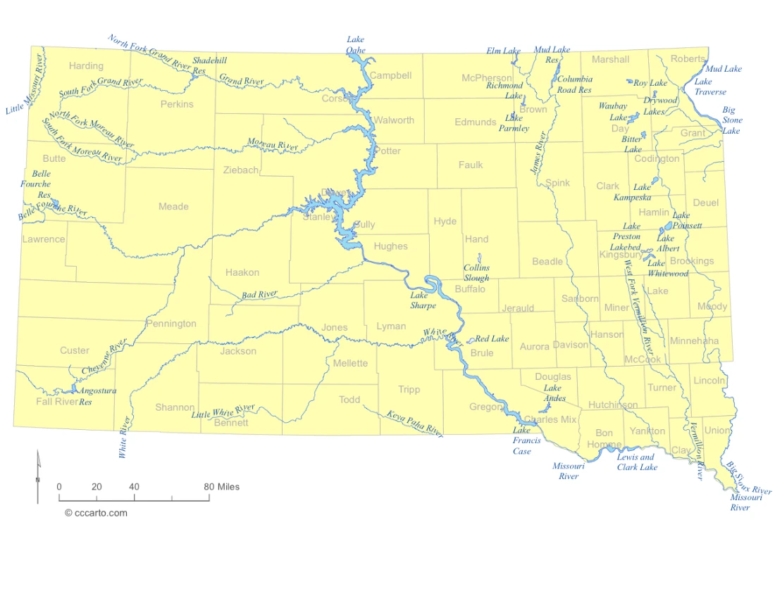 South Dakota Lakes and Rivers State Map