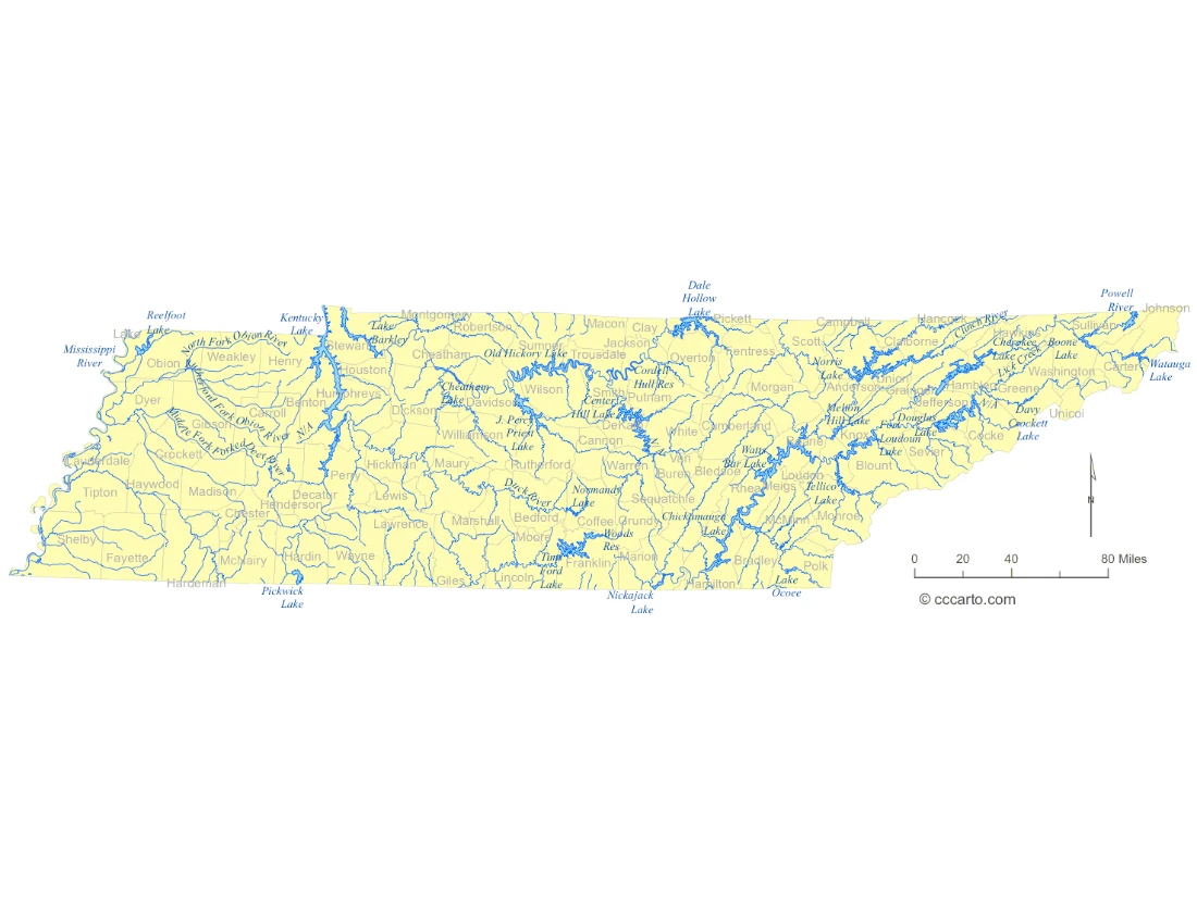 Tennessee Lakes and Rivers State Map