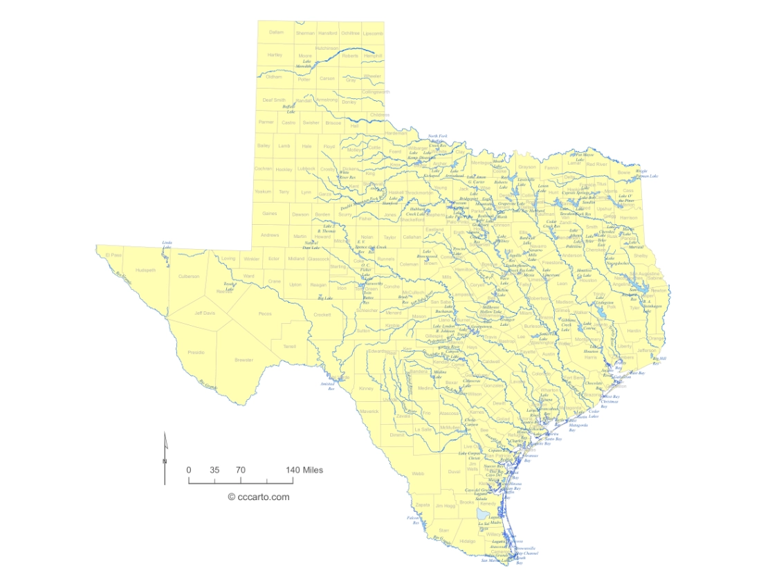 Texas Lakes and Rivers State Map