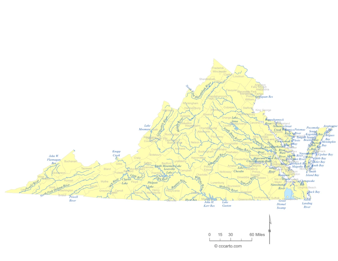 Virginia Lakes and Rivers State Map