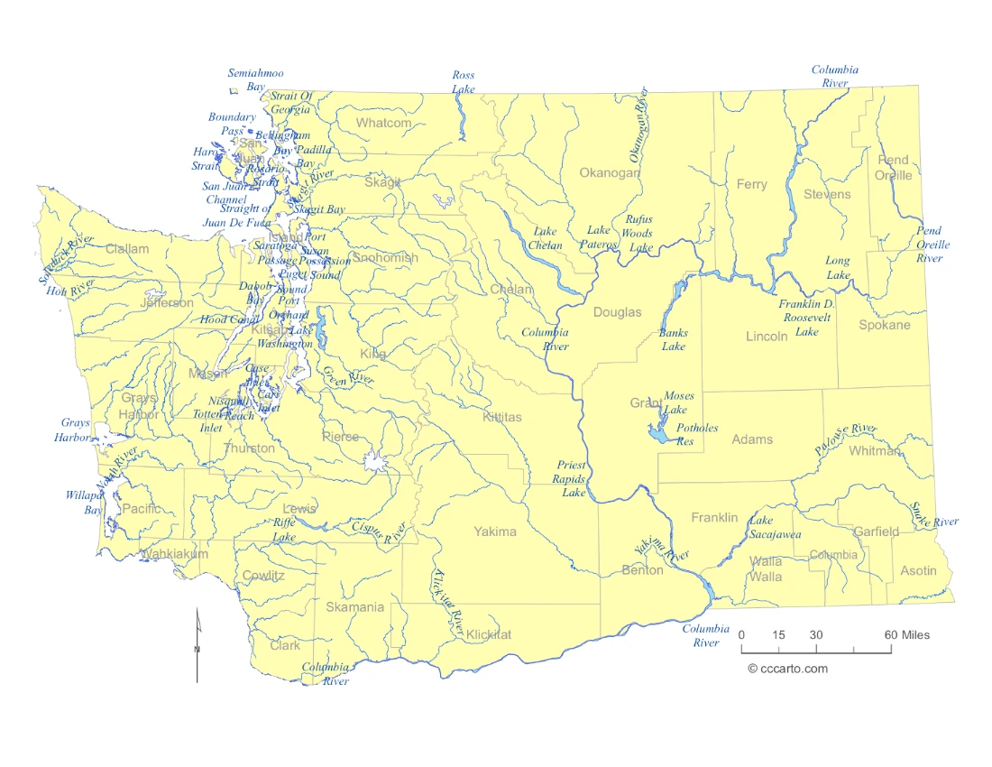 Washington Lakes and Rivers State Map