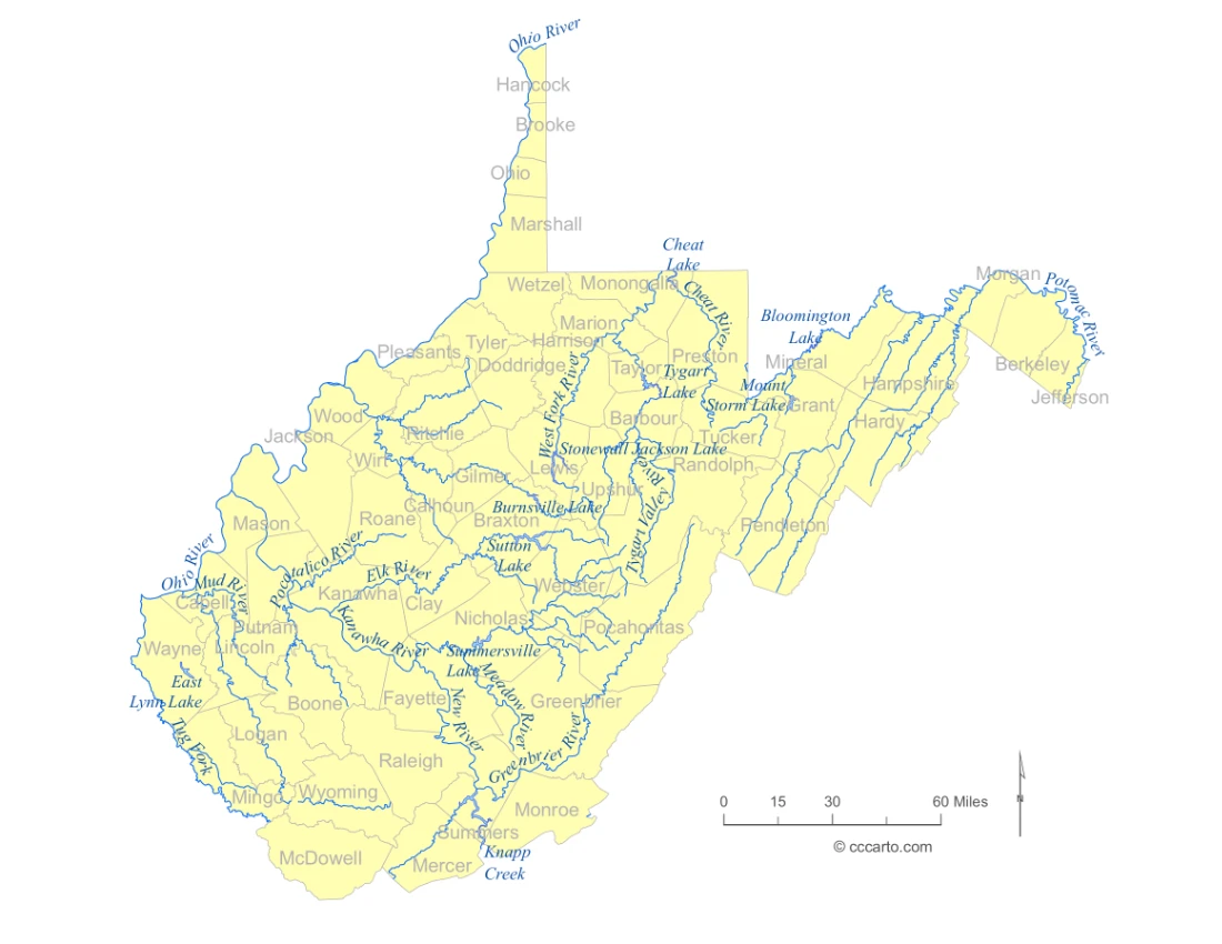 West Virginia Lakes and Rivers State Map