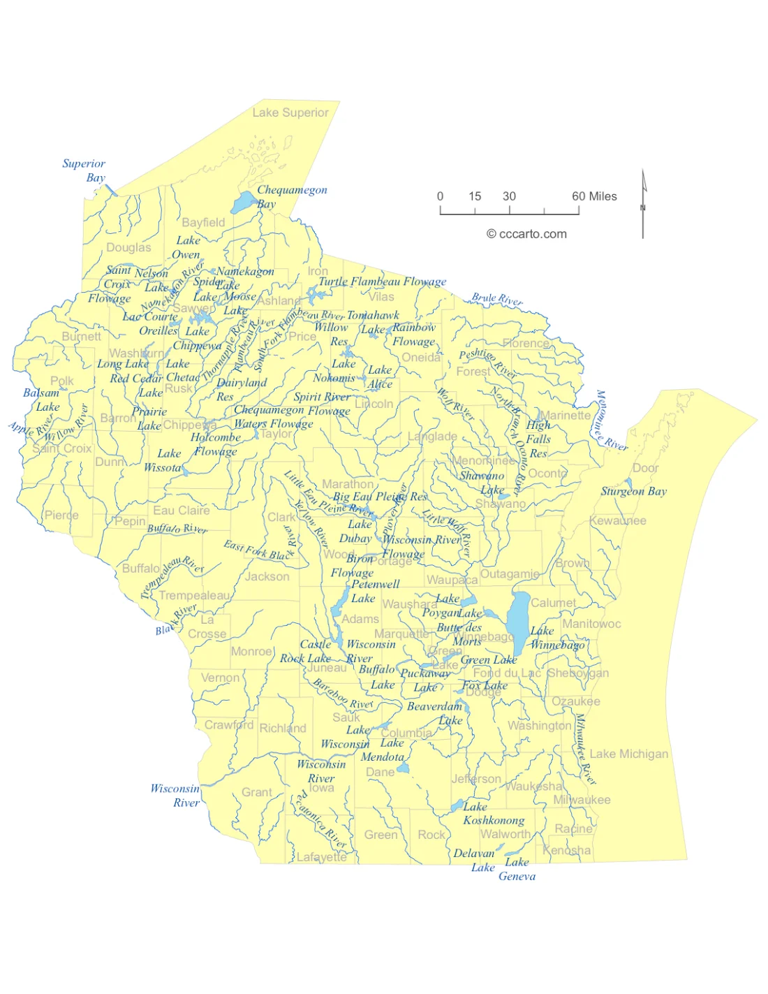 Wisconsin Lakes and Rivers State Map
