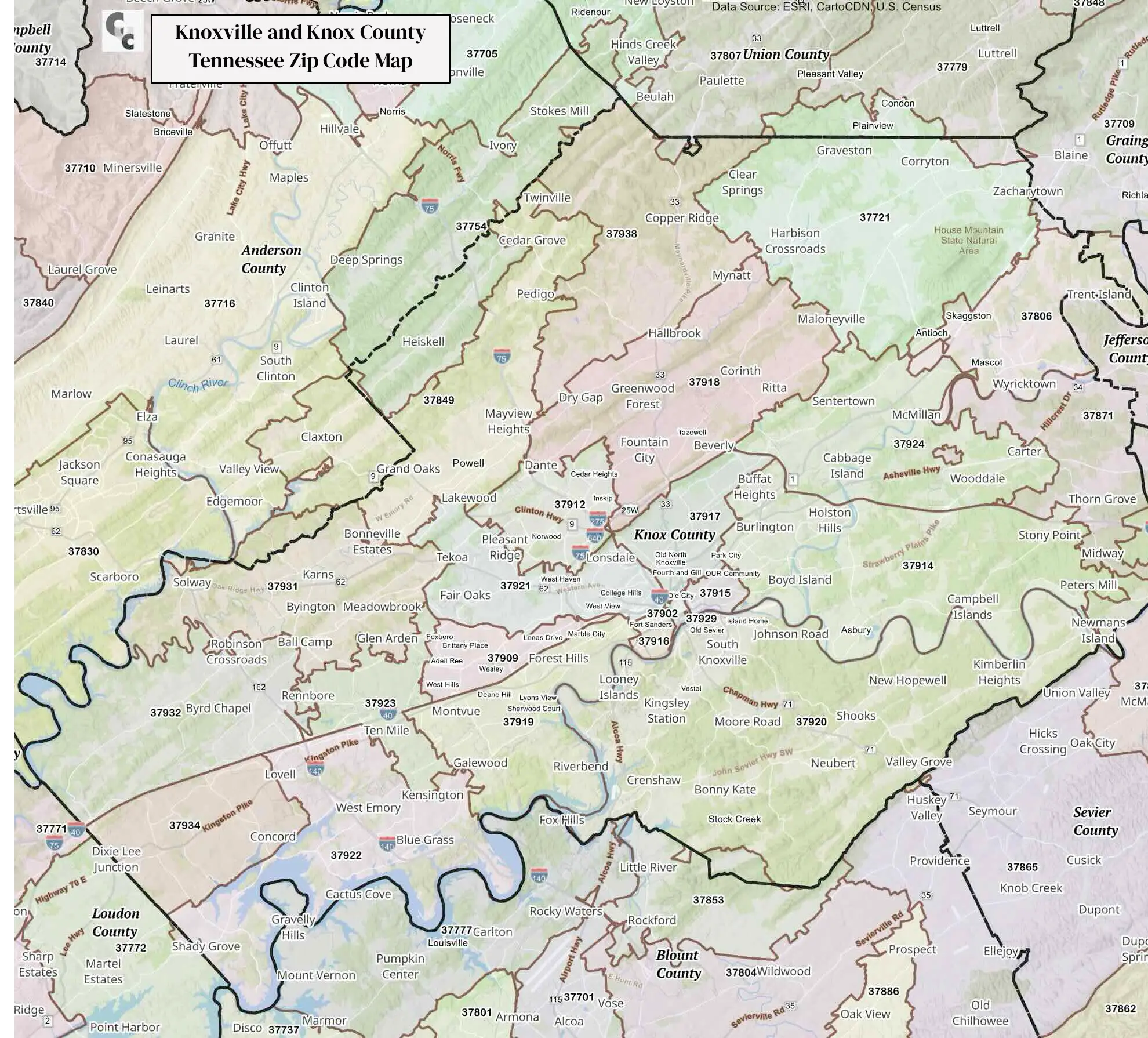 Knoxville Tennessee Zip Code Map
