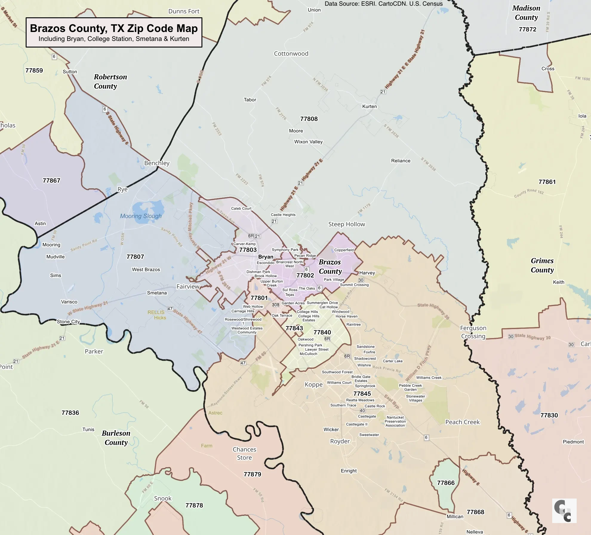 Bryan, TX Zip Code Map