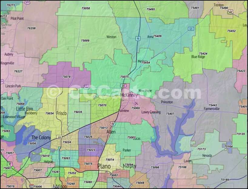 Collin County, Texas Zip Code Boundary Map