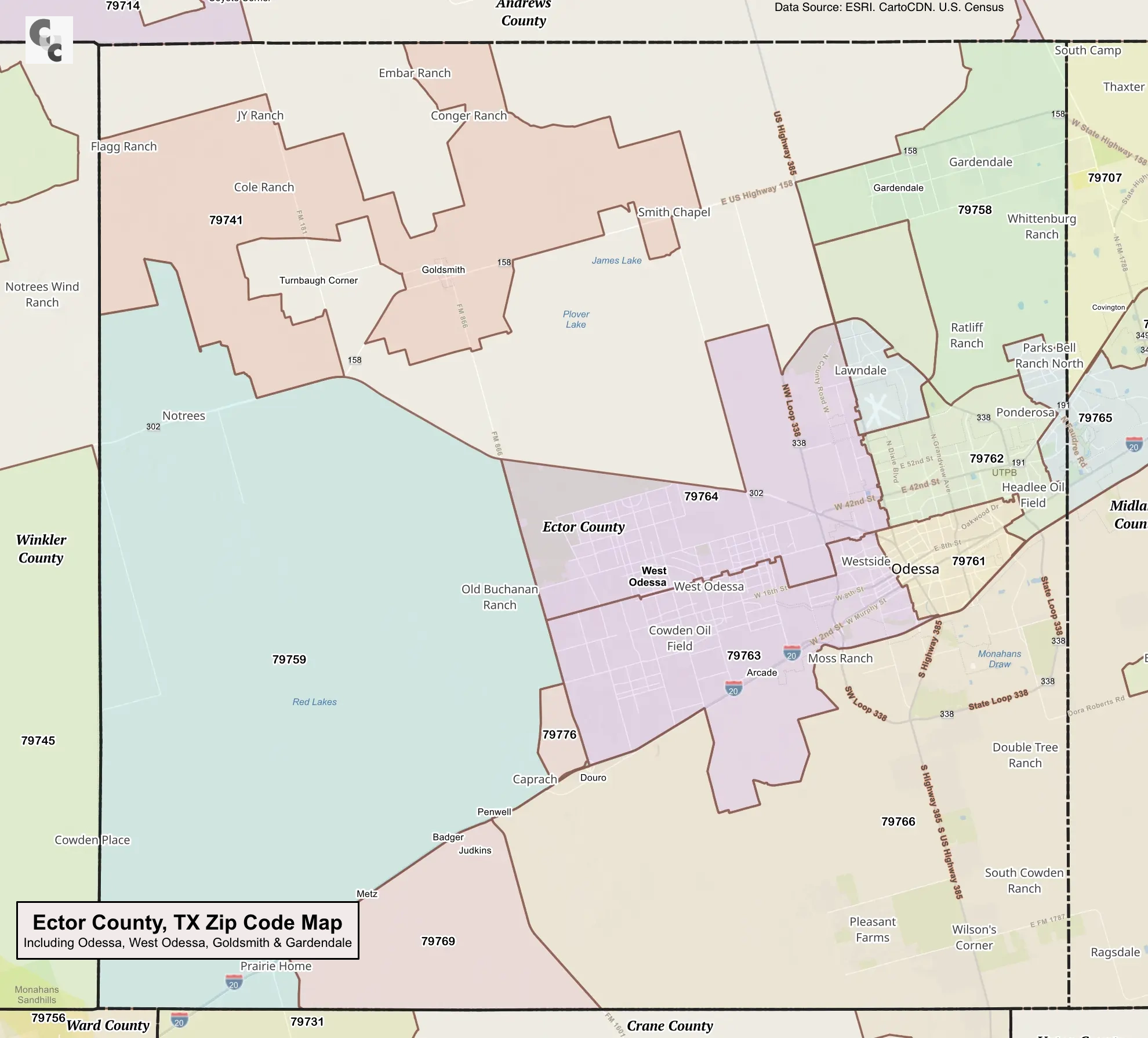 Ector County, TX Zip Code Map
