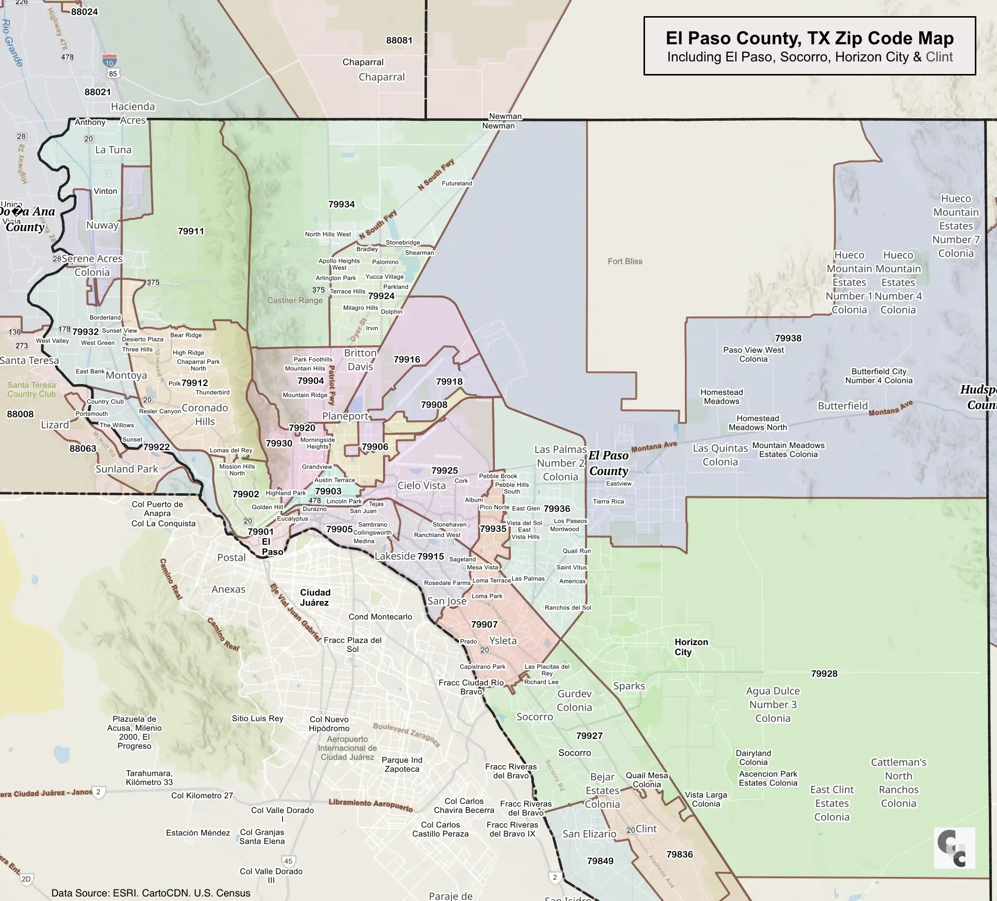 El Paso County, TX Zip Code Map