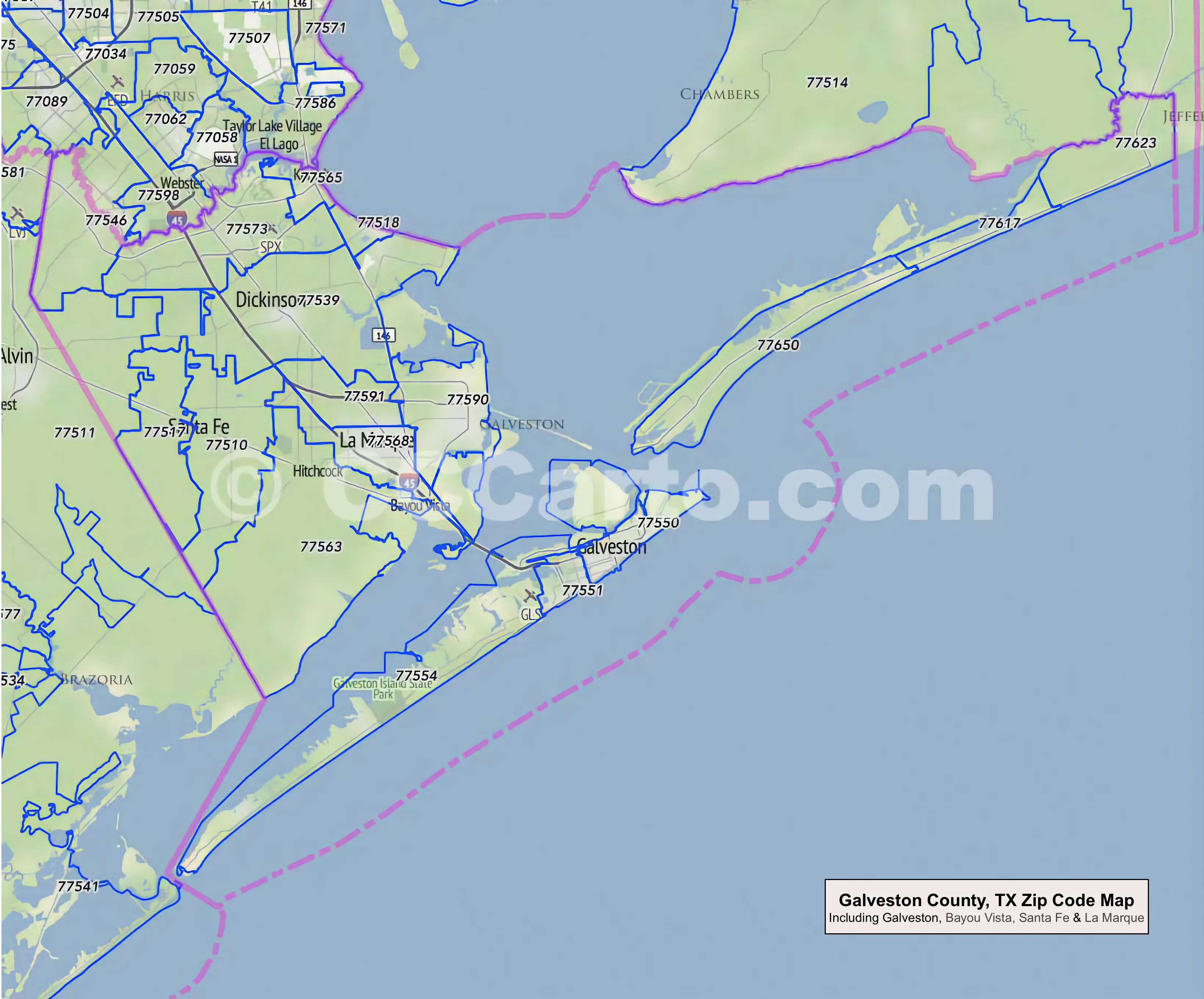 Galveston, TX Zip Code Map