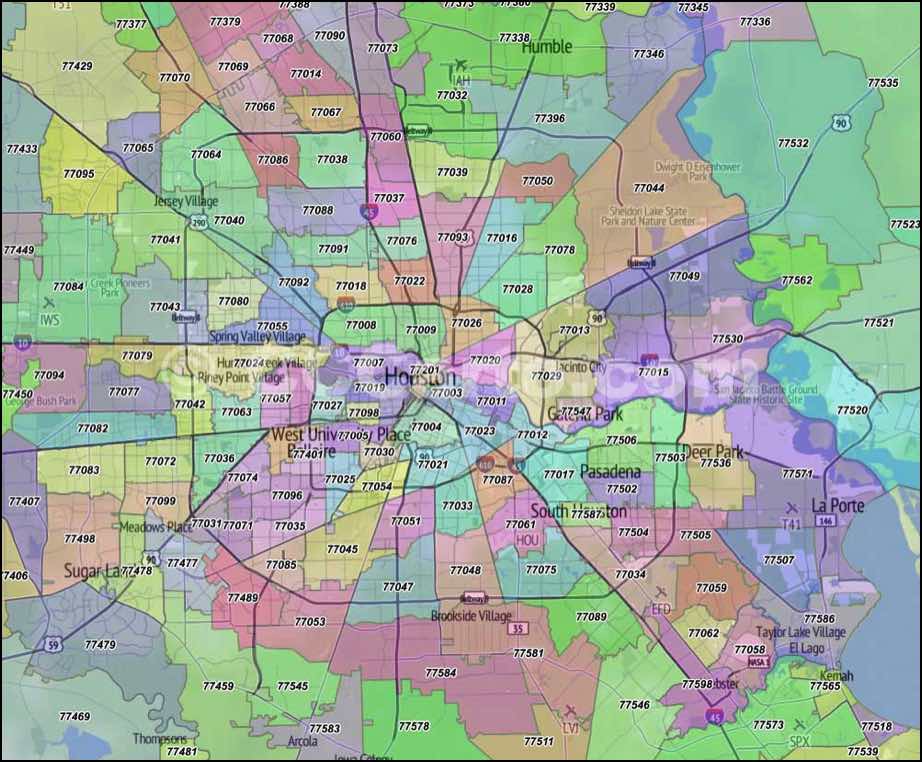 Houston Zip Codes Harris County Tx Zip Code Boundary Map