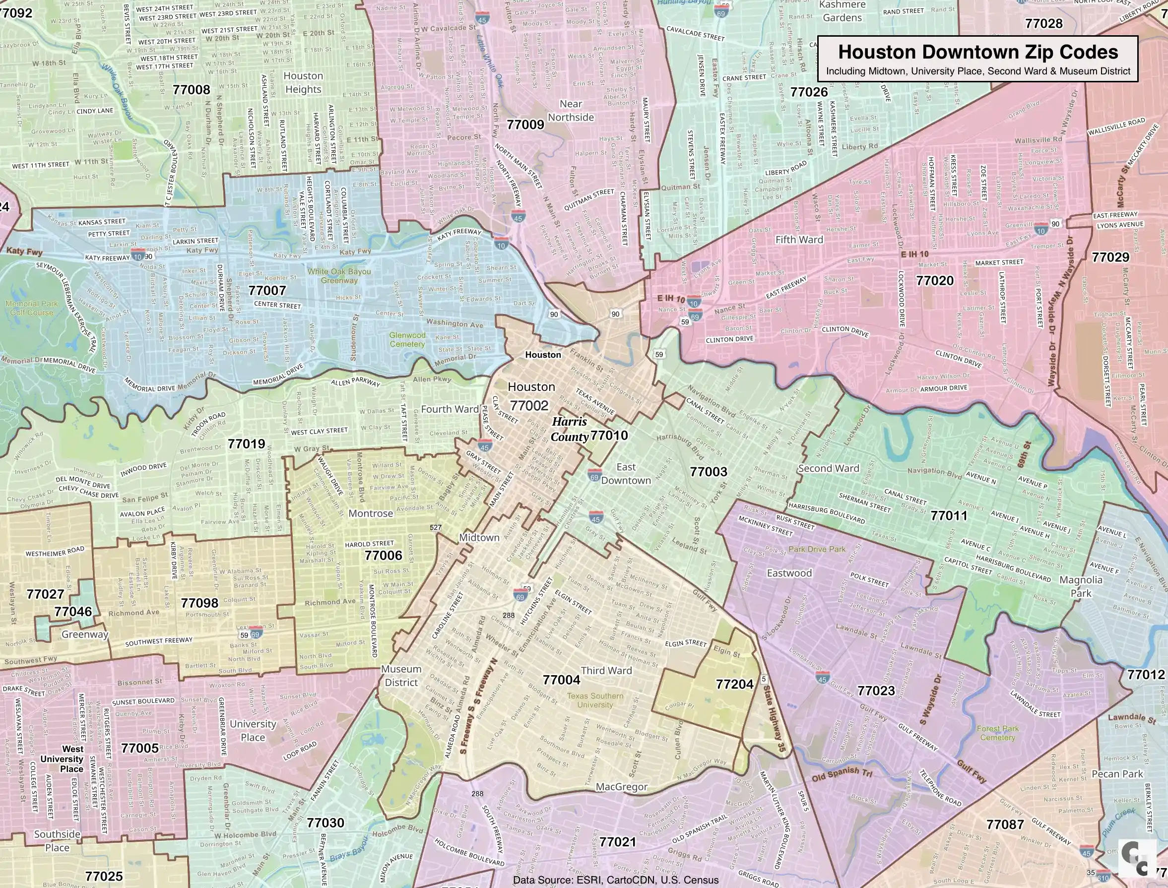 Houston TX Downtown Zip Code Map
