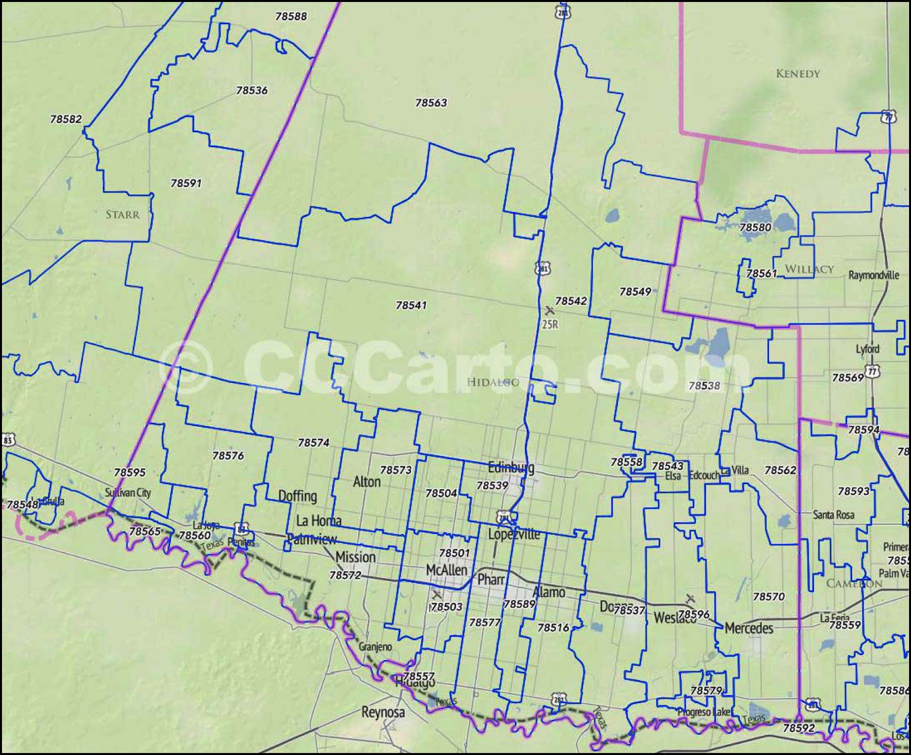 Hidalgo County, TX Zip Code Boundary Map