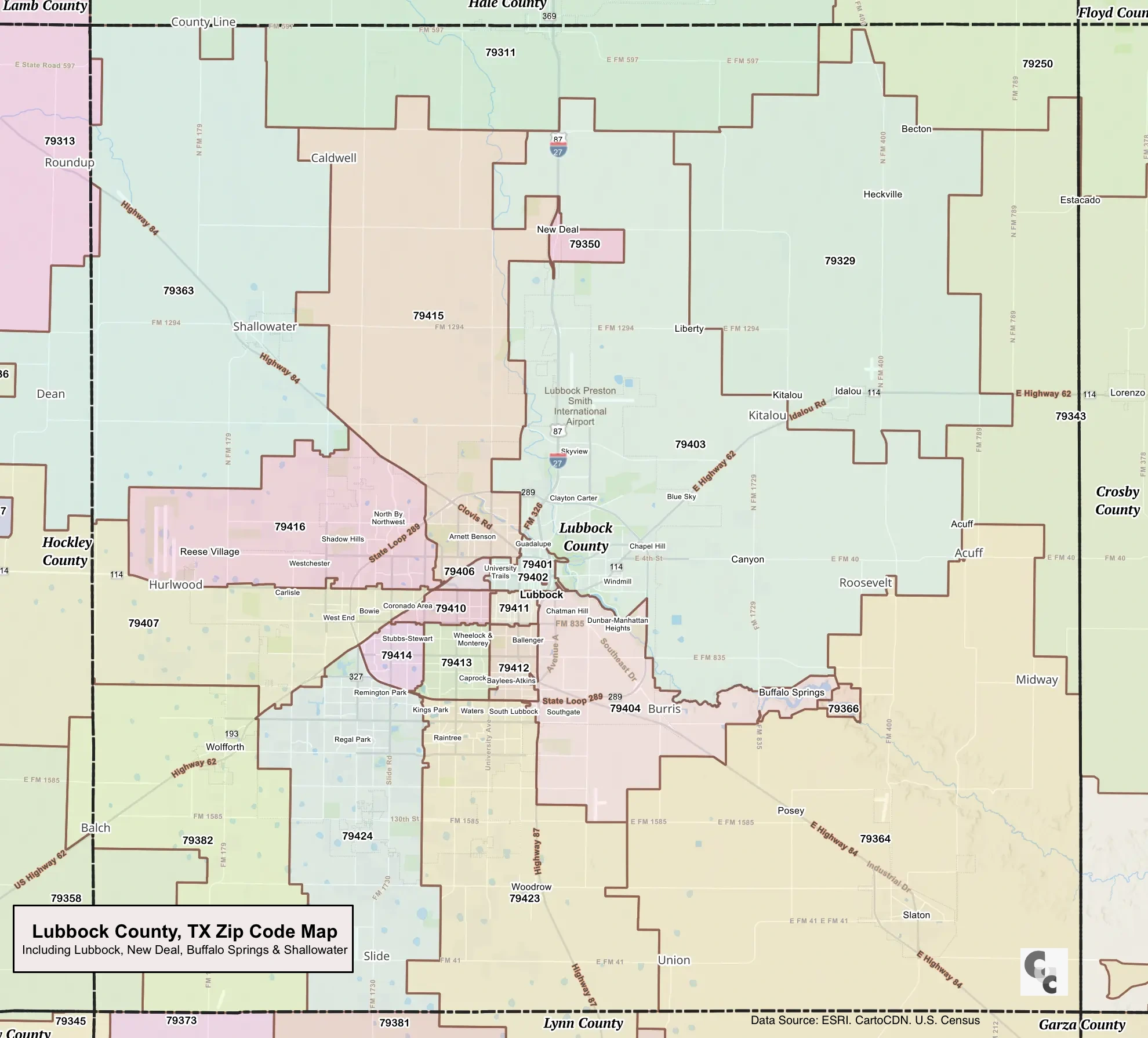 Lubbock, TX Zip Code Map