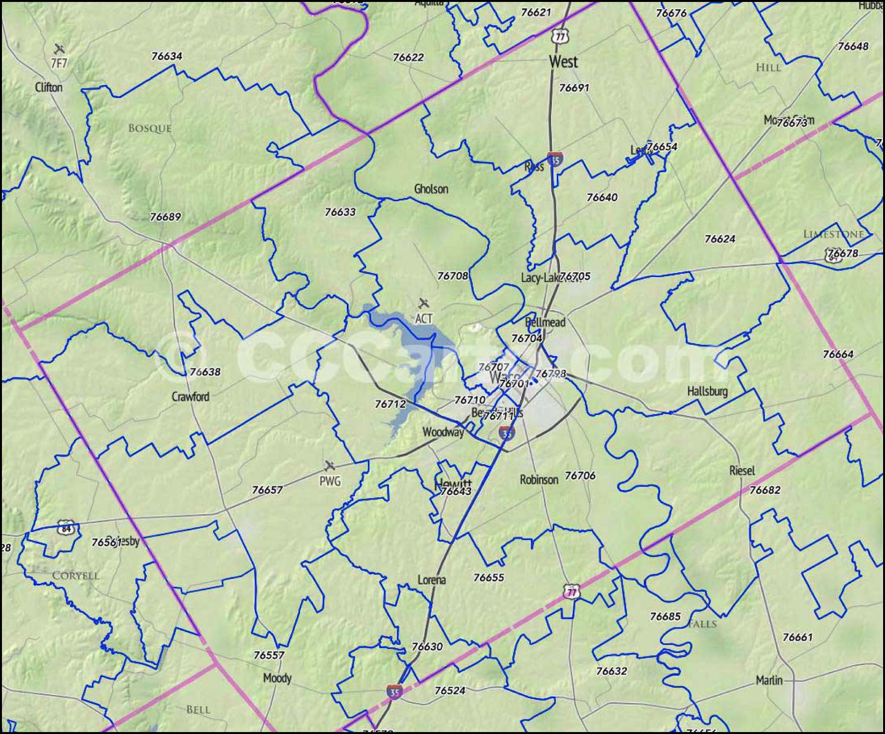 Waco Zip Codes McLennan County, TX Zip Code Boundary Map