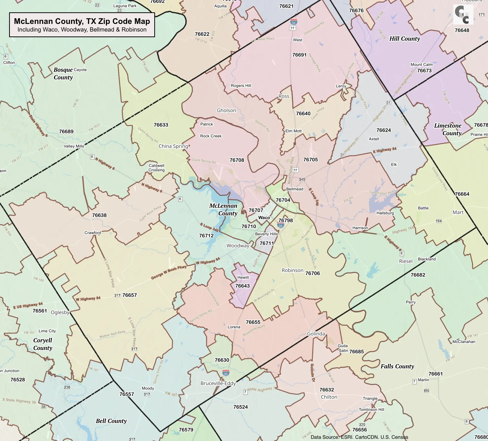 Waco, Texas Zip Code Map