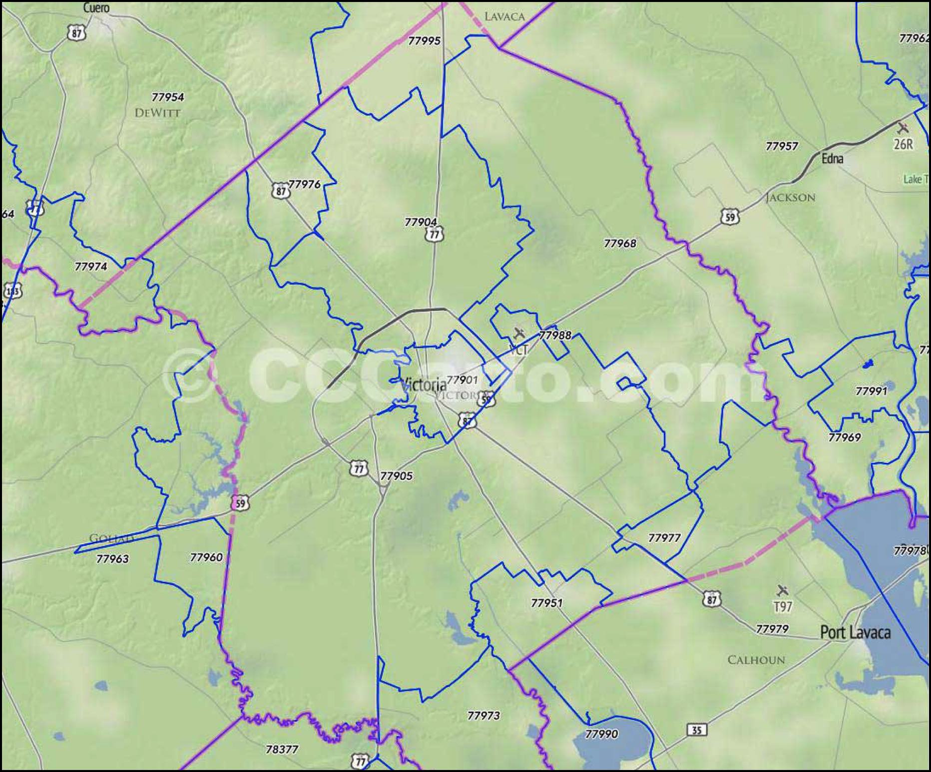 Victoria County TX, Zip Code Map