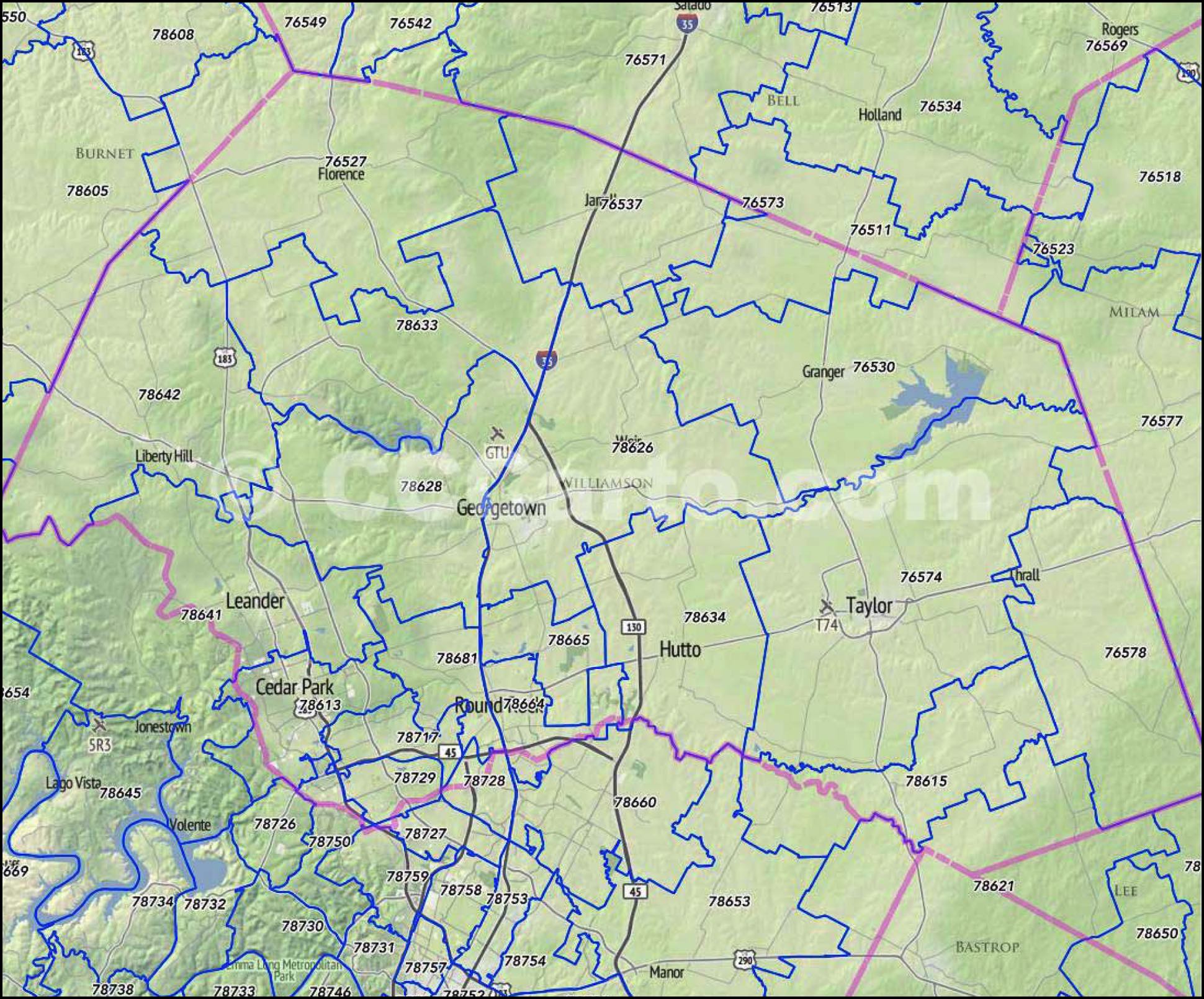 Williamson County, Texas Zip Code Map