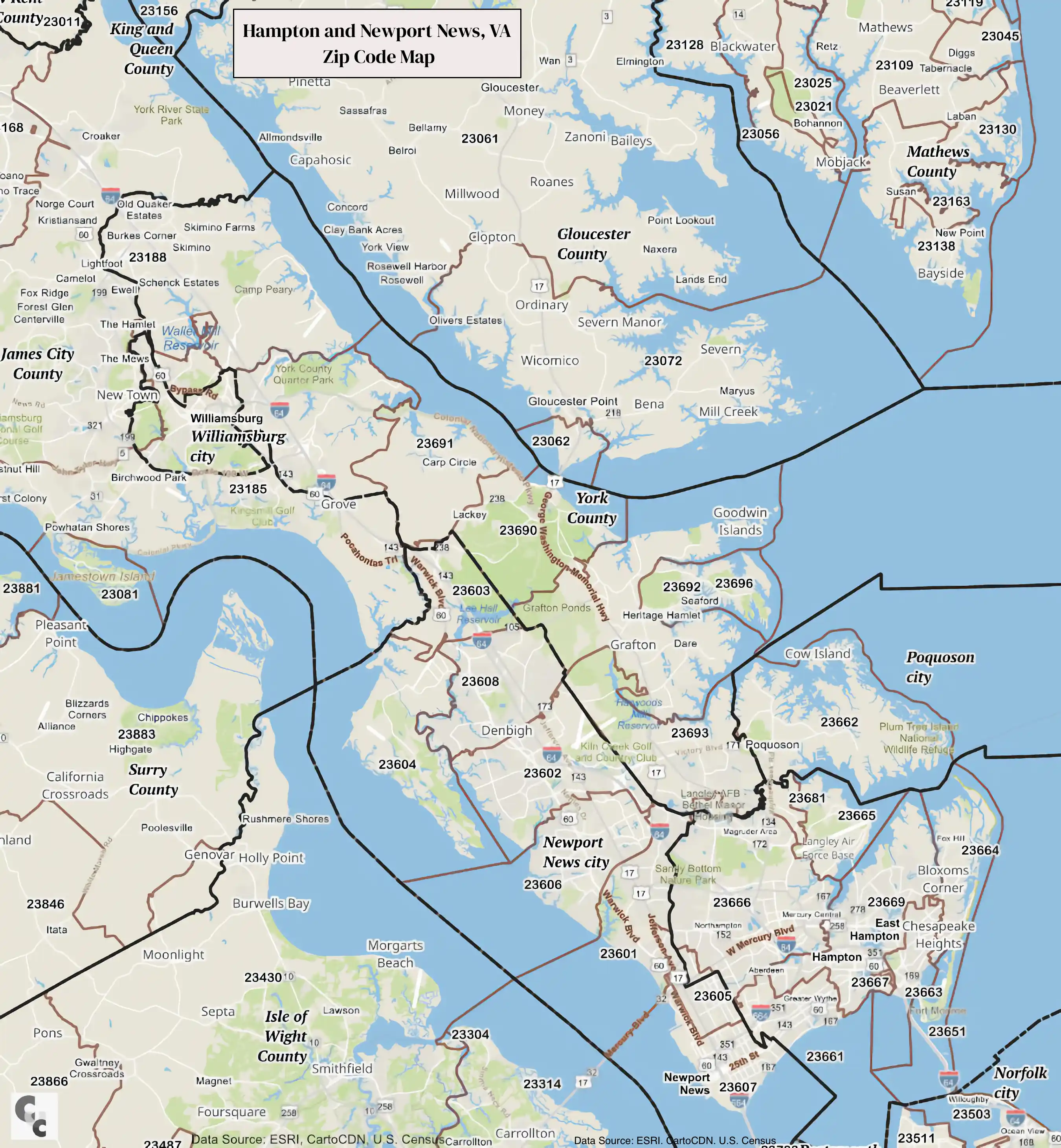 Hampton, VA Zip Code Map