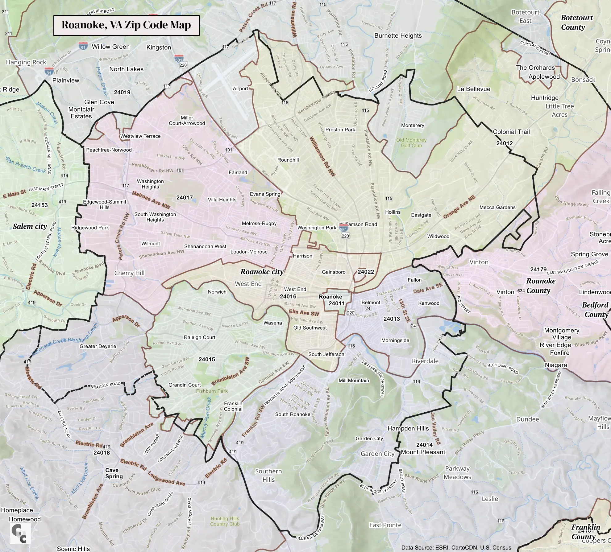 Roanoke, Virginia Zip Code Map