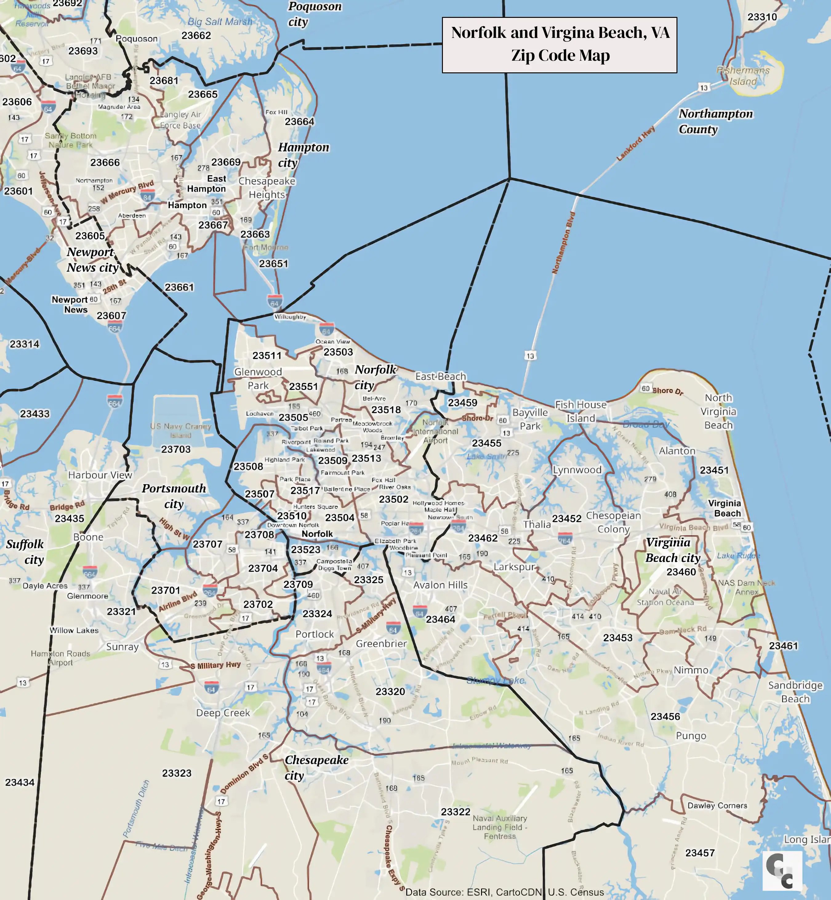Virginia Beach, VA Zip Map | Oceanfront, Pungo, Kempsville, Bayside