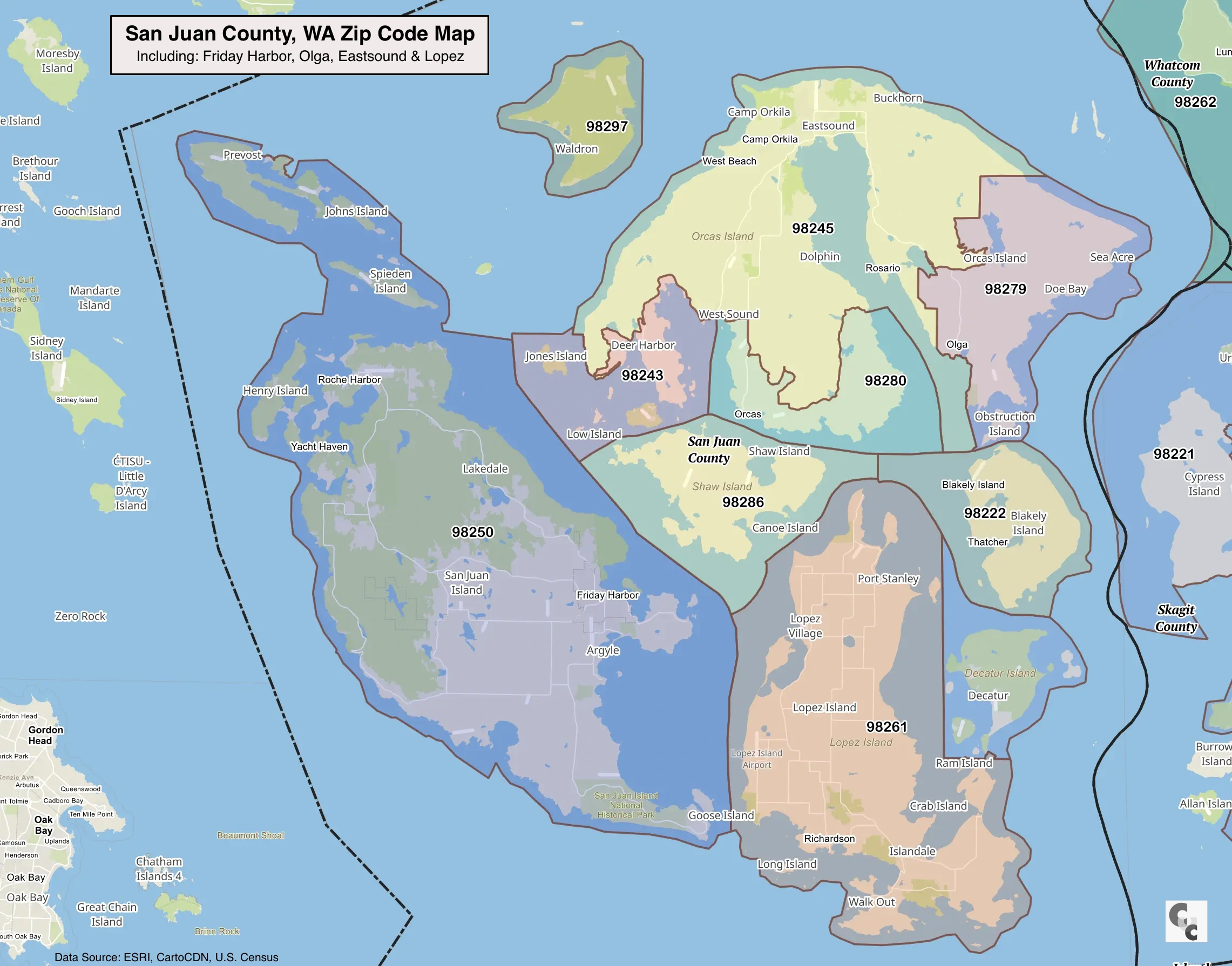San Juan County WA Zip Code Map