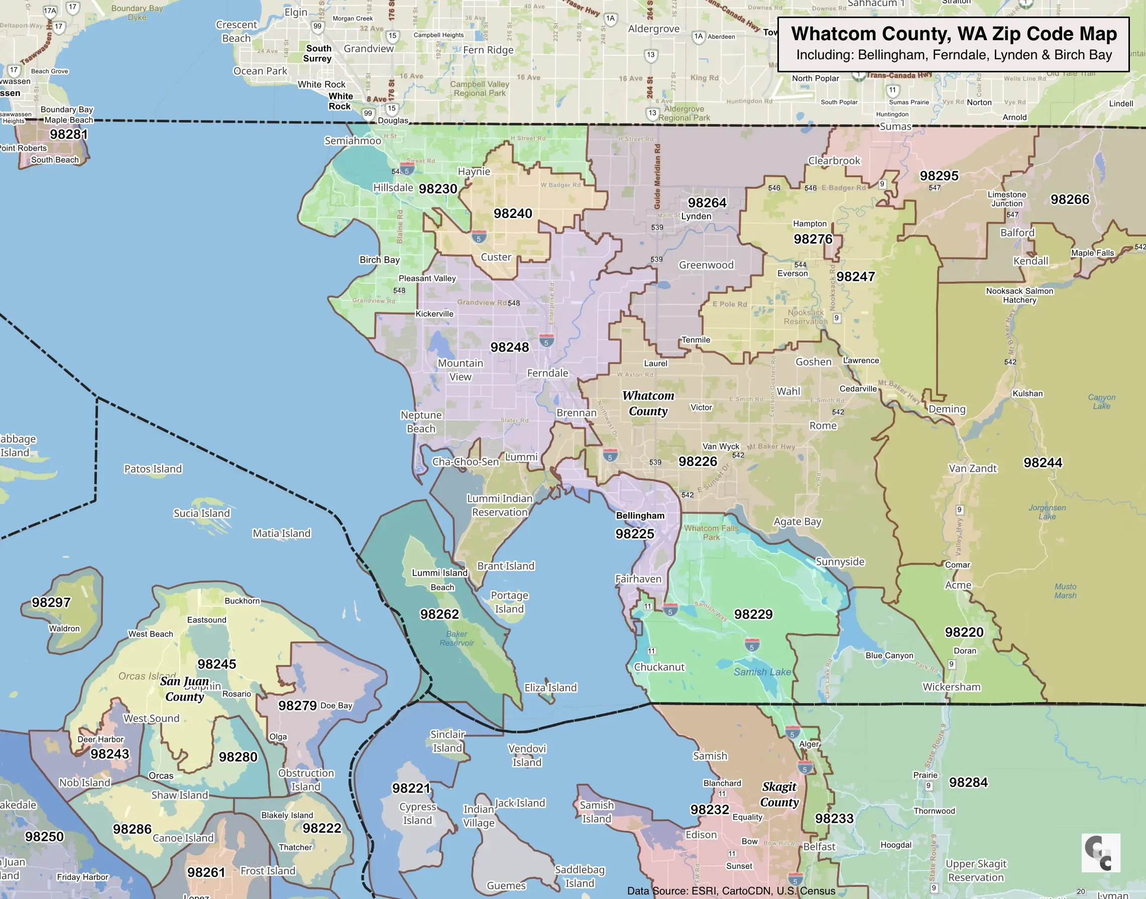 Whatcom County WA Zip Code Map