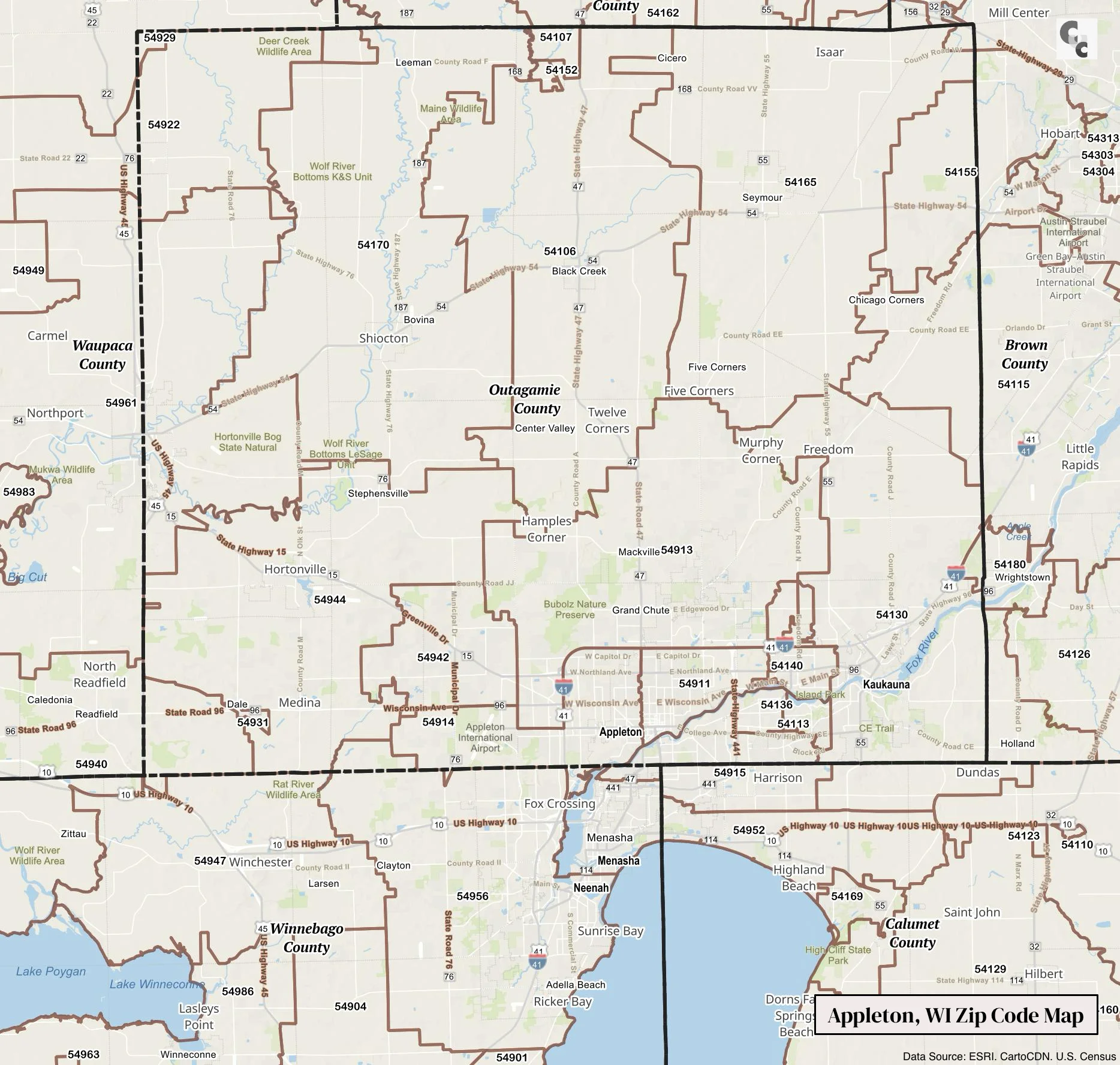 Appleton Wisconsin Zip Code Map