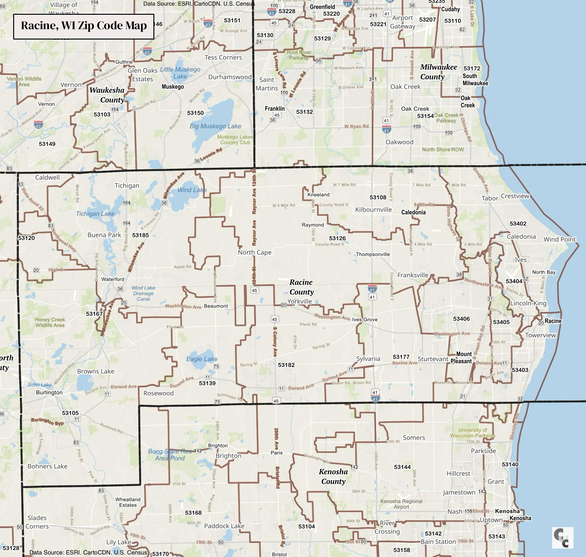 Racine, Wisconsin Zip Code Map