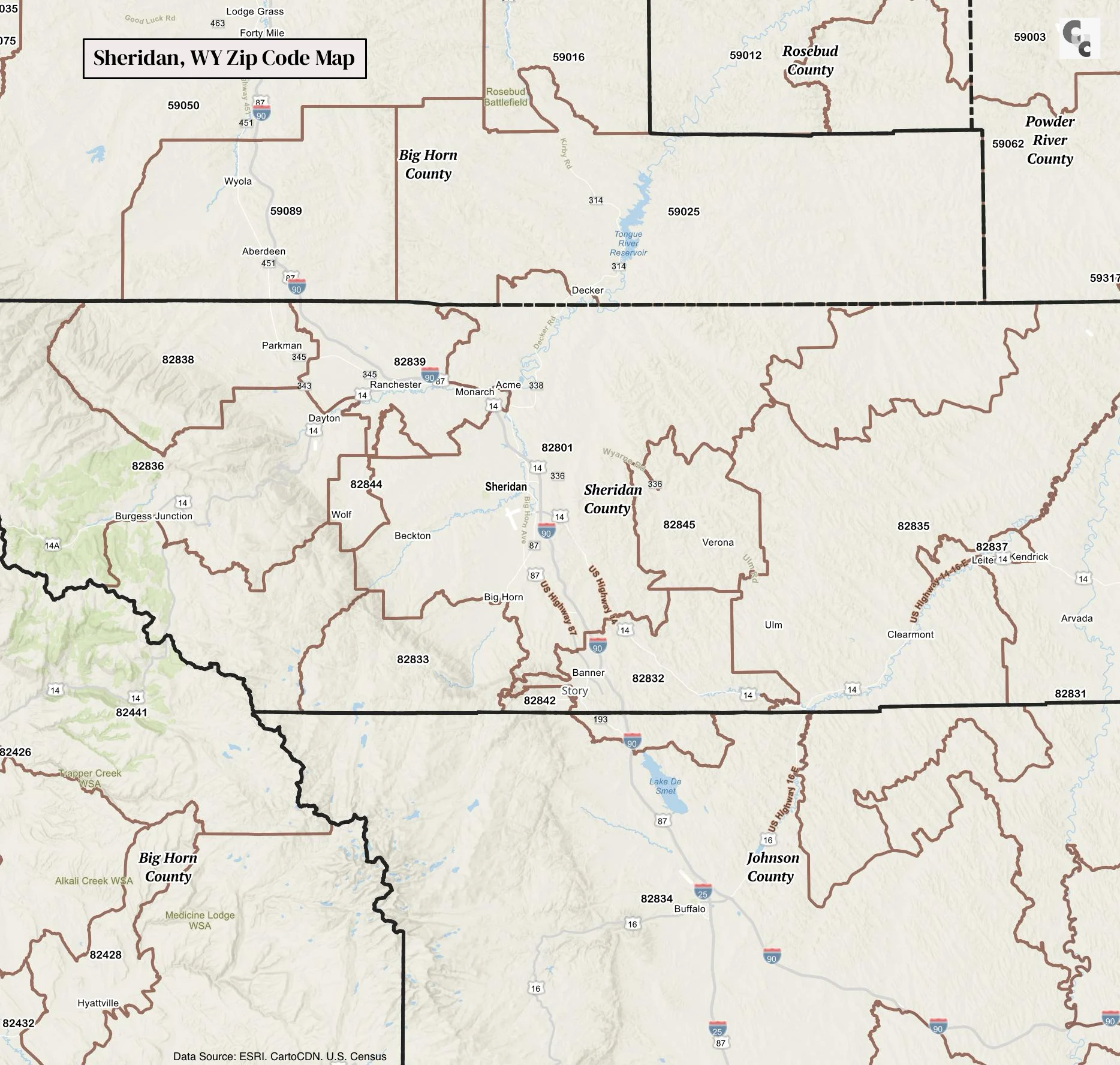 Sheridan Wyoming Zip Code Map
